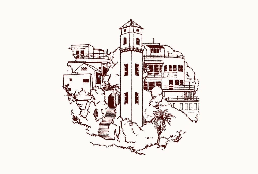 Illustration of Hollywood Heights — High Tower and surrounding hillside homes